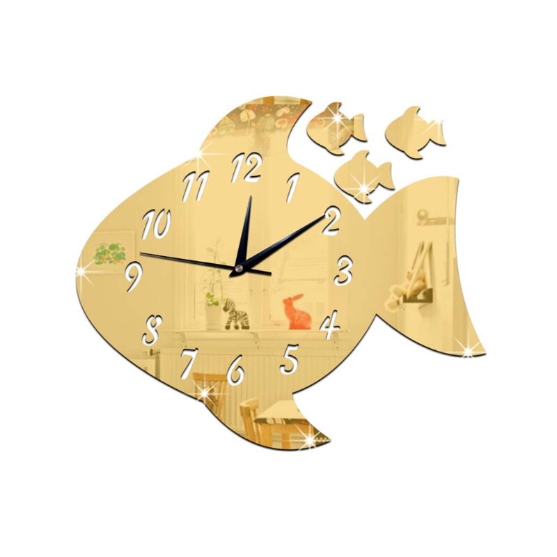 Leuke Vis Vorm Acryl Wandklok Spiegel Sticker Horloge Diy Sticker Voor Kinderkamer B36E: GD
