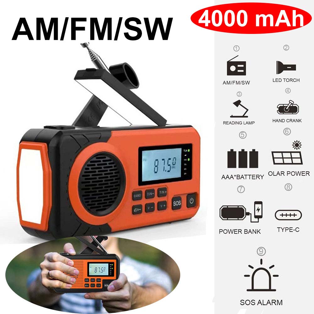 4000mAh Portable Emergency Solar Power Radio Hand Crank Charging AM/FM Weather Radio Led Reading Flashlight Bank Phone Charger: Blue