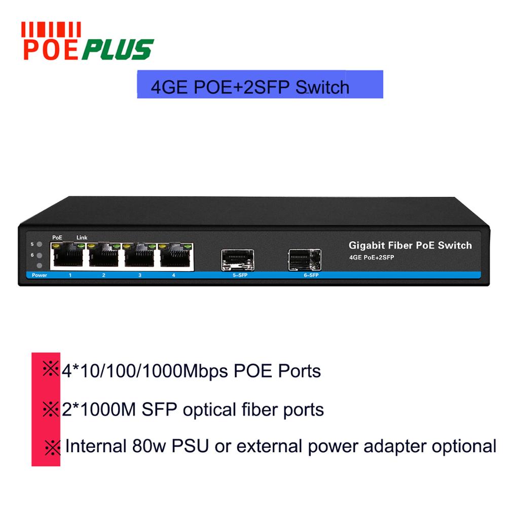 CE/FCC certified 4 ports POE switch with 2 ports giga optical fiber SFP uplink 802.3af/at full gigabit internal 80w PSU