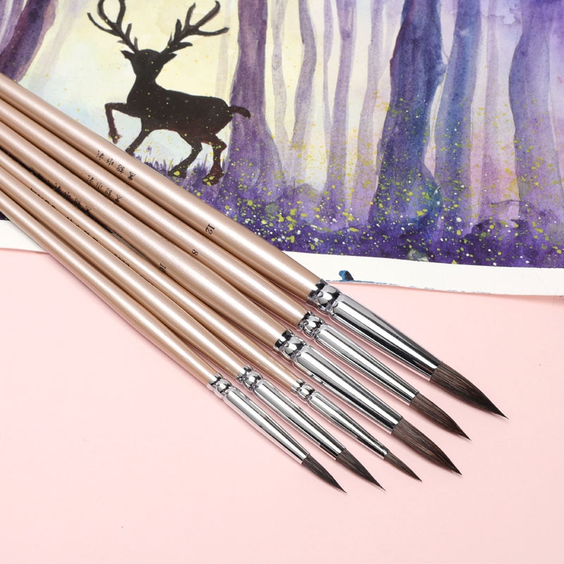 Watercolor brush black marten animal hair 6 pcs round pointed watercolor painting brush set adult beginner student hand-painted