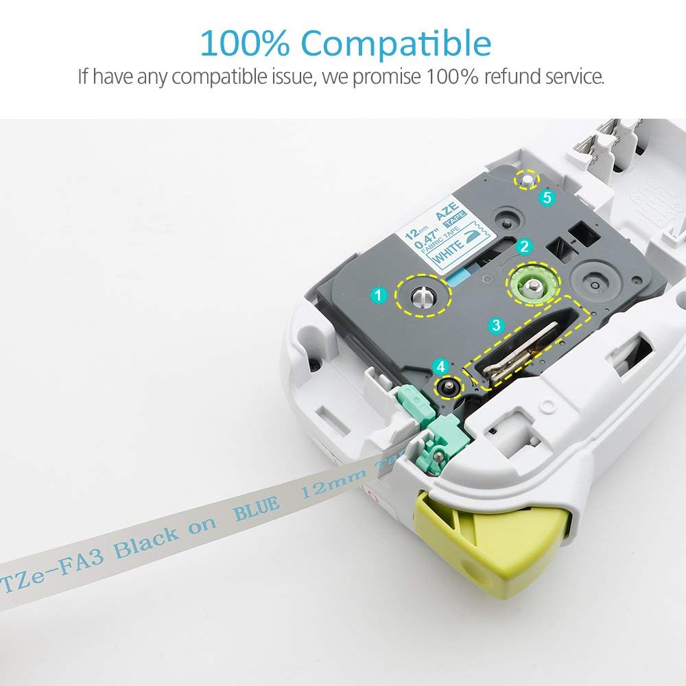 2 Pcs Label Tape TZe-FA3 - 12mm x 3m - Fabric Blue on White - Compatible with Brother Label Printers