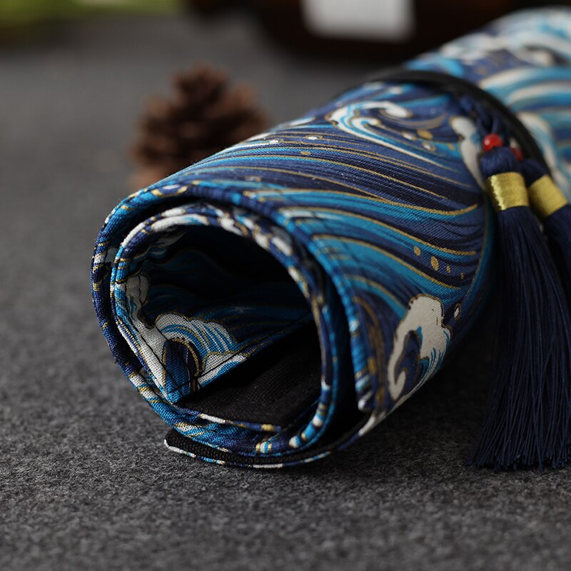 7.5 inch Antiquity Pencil Case Pen Wrap Double Tassel Ocean Wave Printing Sea Cliff Coffee Flower 4/7/10 Slots Clear Pattern