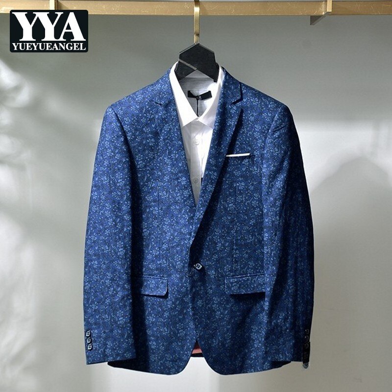 Men Slim Casual Blazer Spring Autumn Blue Printed Suit Jacket Turn-Down Collar Single Button Business Party Formal Coat