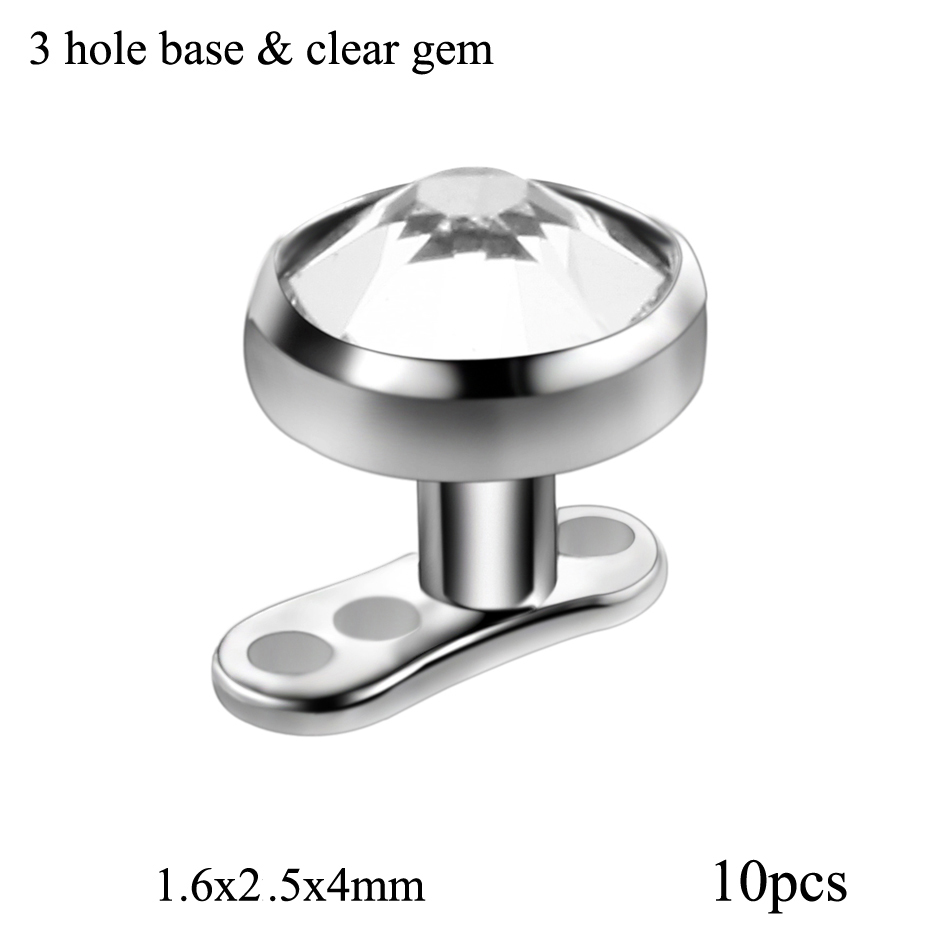 10 stks/partij G23 Titanium Piercing Micro Dermal Anker Base & Tops Skinner Diver Crystal Gem Head Implantaten Body Piercing Sieraden: Imitation Rhodium Plated