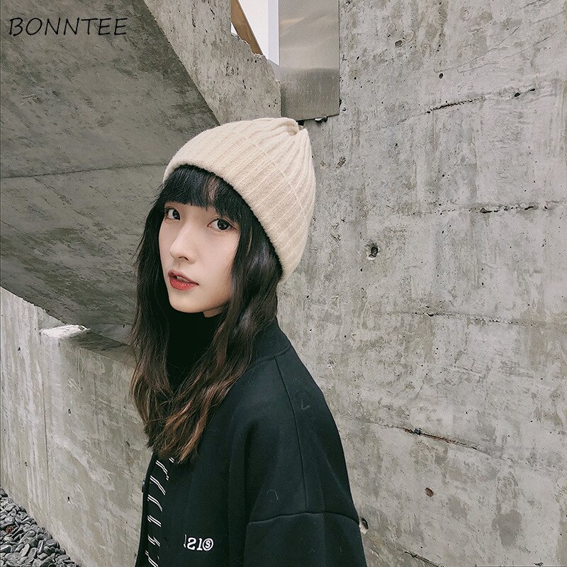 Huer kvinder solid strikket afslappet varm skullies koreansk stil studenterhuer smarte dame dejlige kasketter efterår vinter