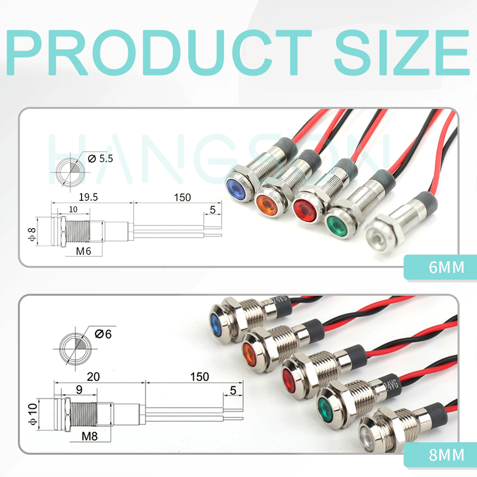 8mm metallindikatorlampor 12v 24v 110v led vattentäta med trådad pilotlampa för instrumentpanel för bil och båtbelysning