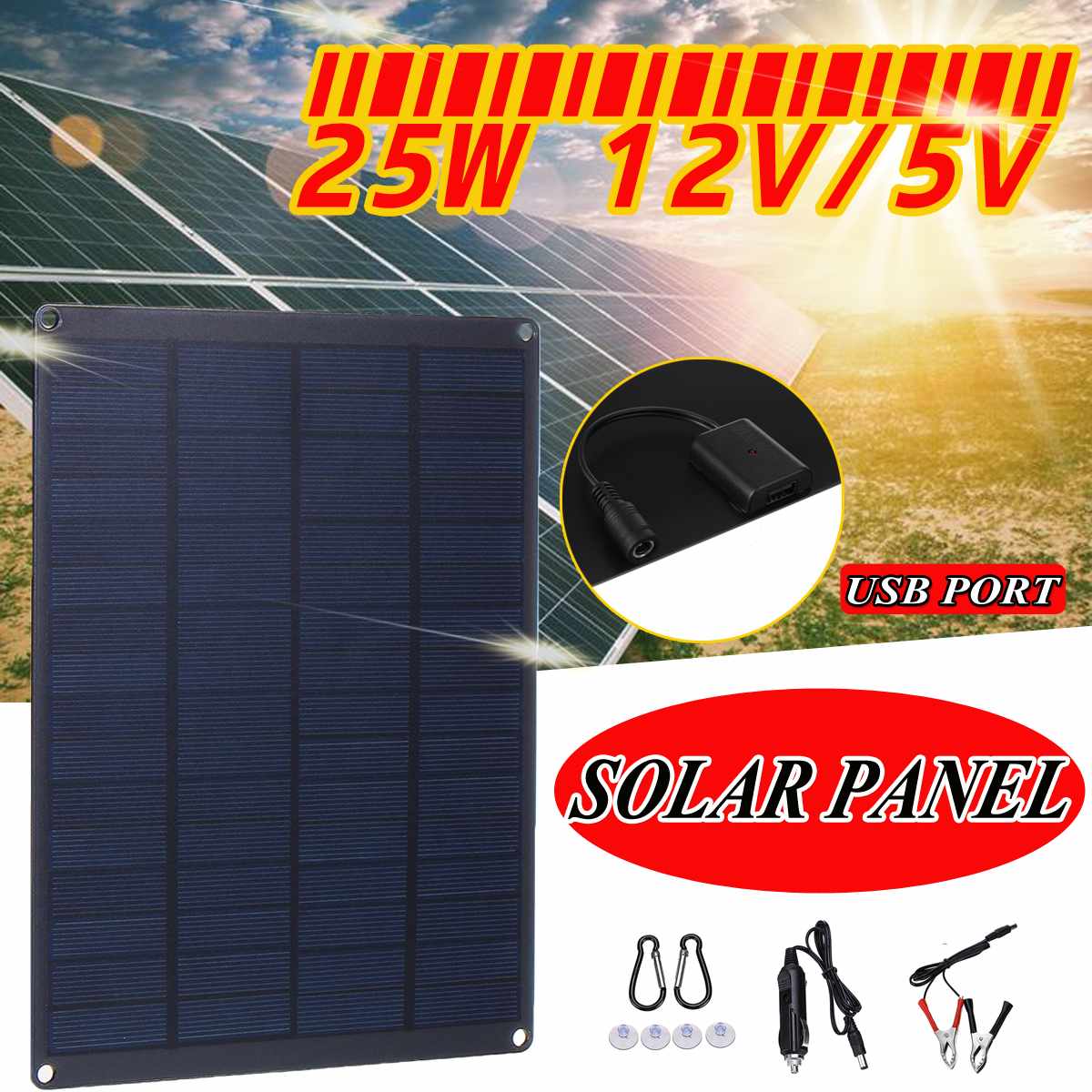 USB Solar Panel Output Solar Cells Poly Solar Panel with Car Charger for Boat Car Yacht Battery 25W 12V 21*16.5*2.5CM
