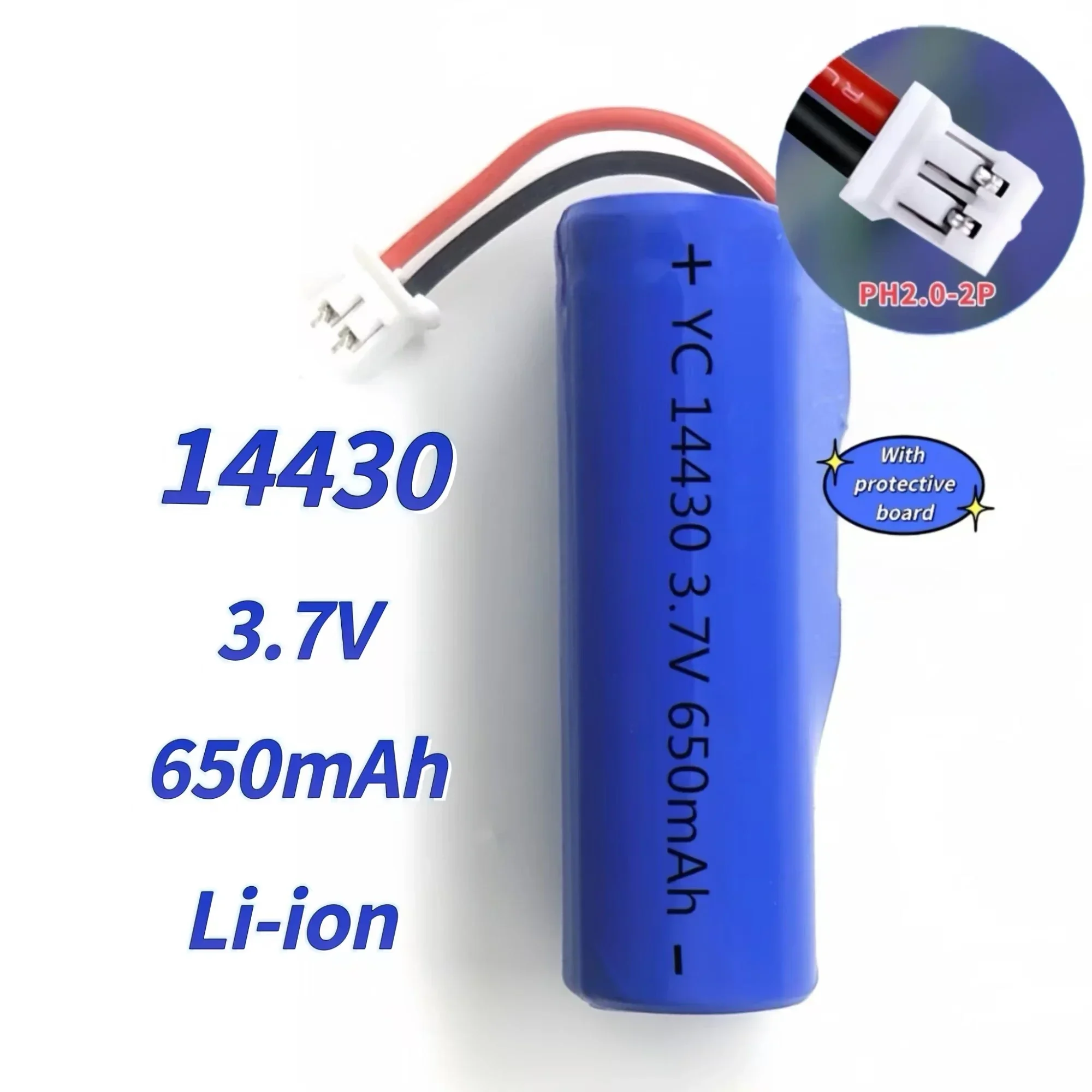 14430 Rechargeable lithium battery with connector 3.7V 650mAh USB Charging cable for Fan Flashlight Radio Headlamp Walkie-talkie