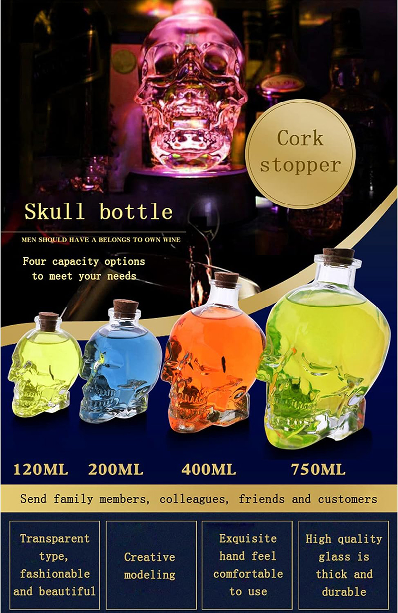 Totenkopf-Dekanter, bleifreie 3D-Totenkopf-Flasche aus Glaskristall mit Korkstopfen, Totenkopf-Einmachglas für Wodka