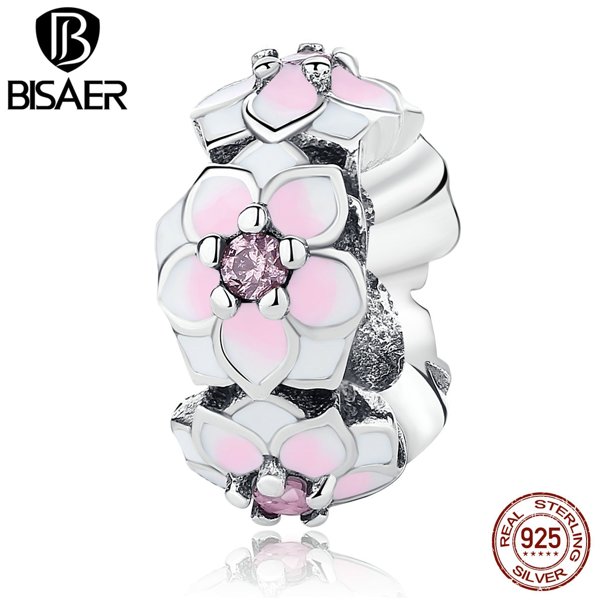 925 Sterling Silber Magnolie Blüte cerise Emaille Rosa Blume Charme Perlen passen für BISAER Armbänder DIY Schmuck Machen Abstandshalter