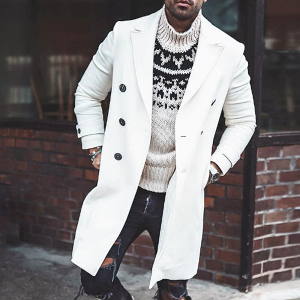 European Men Coat Double-Breasted Color Block Pocket Lapel Long trench oversize outwear casual office jacket winter thin
