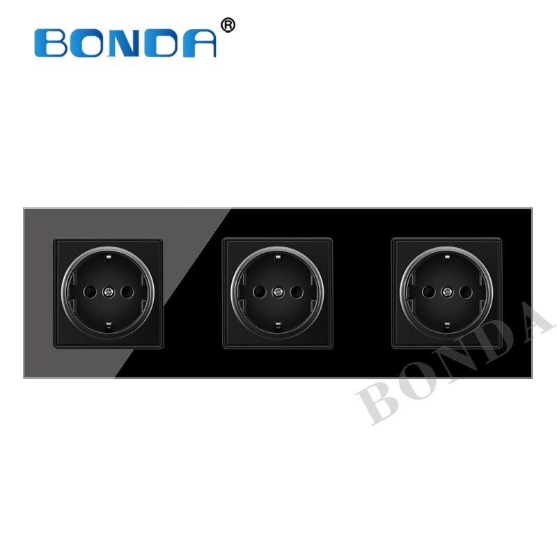 16A Porous conjoined power socket, socket panel, three-layer power socket without plug, crystal tempered glass AC110-250V: 503 Black