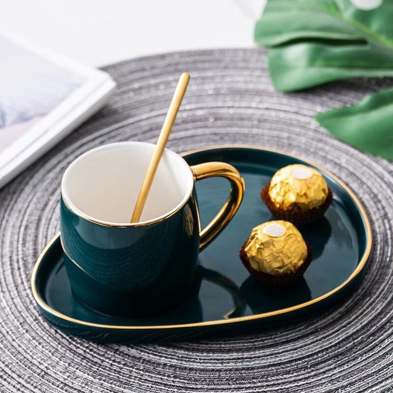 Japanese Style Ceramic Water Cup with Plate and Spoon Phnom Penh Coffee Mug Snack Dish Set Simple Afternoon Tea Cup
