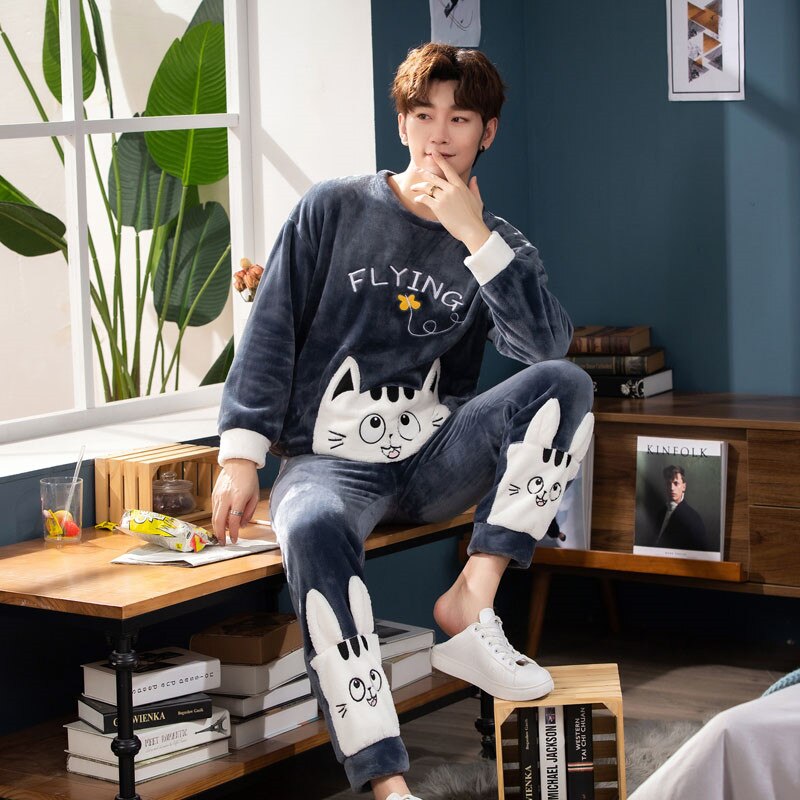 Pijamas masculinos definir outono inverno quente flanela engrossar pijamas masculinos manga longa pijamas topo + calça lazer roupas de casa 5xl