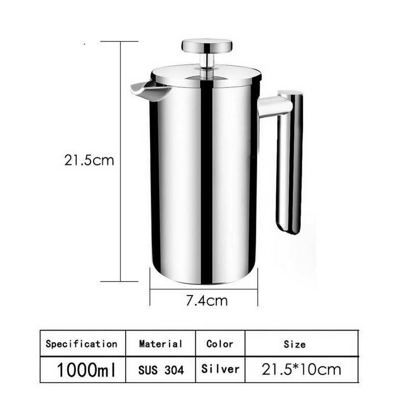 Cafetera de doble pared de acero inoxidable, máquina para café y té con prensa francesa aislada, 350-1000ML, 1 unidad: A3