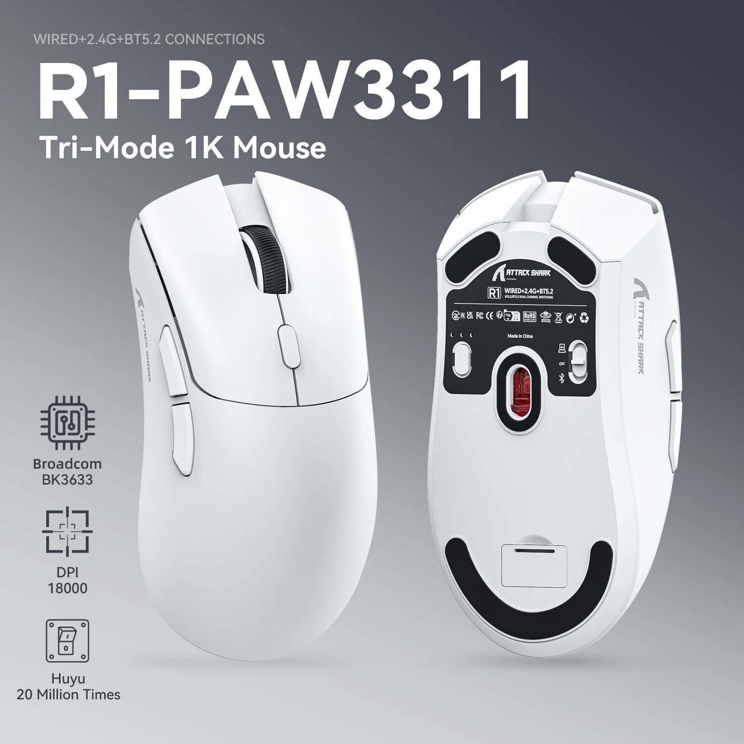 R1 Superlight Mouse Bluetooth 2.4G Bezprzewodowa mysz do gier PixArt PAW3311 Czujnik do gier 6 regulowanych DPI do gier biurowych