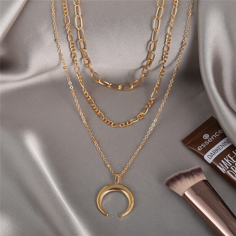 Bohemian Moon Pendant Multilayered Chain Necklace For Women Gold Map Coin Chain Choker Necklace Jewelry Party