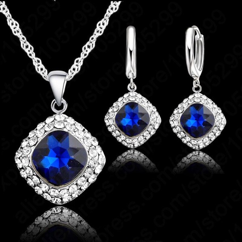 Vrouwen Heetste 925 Sterling Zilveren Sieraden Sets Classic Kleurrijke Ketting Oorbel Set Zirkoon Sieraden Voor Engagement: blue