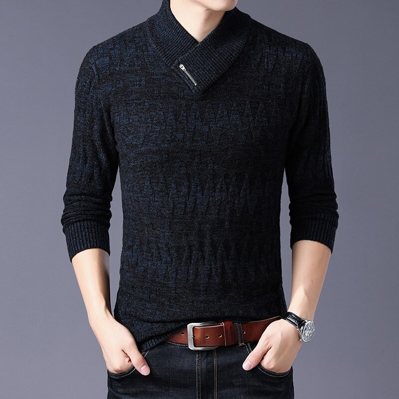 Tykke merkegensere herregensere slim fit gensere strikketøy ull høst koreansk stil uformelle herreklær: Svart / L
