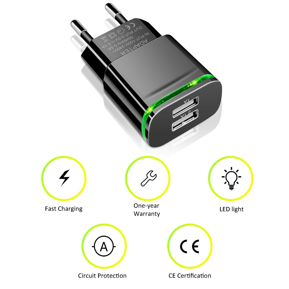 5V 2.1a/1a 2 Ports USB lampe LED verte Prise UE Chargeur Rapide Adaptateur de Câble Pour LG K10 K4 K5 K7 K8 Q6 X puissance K220DS G4 G5