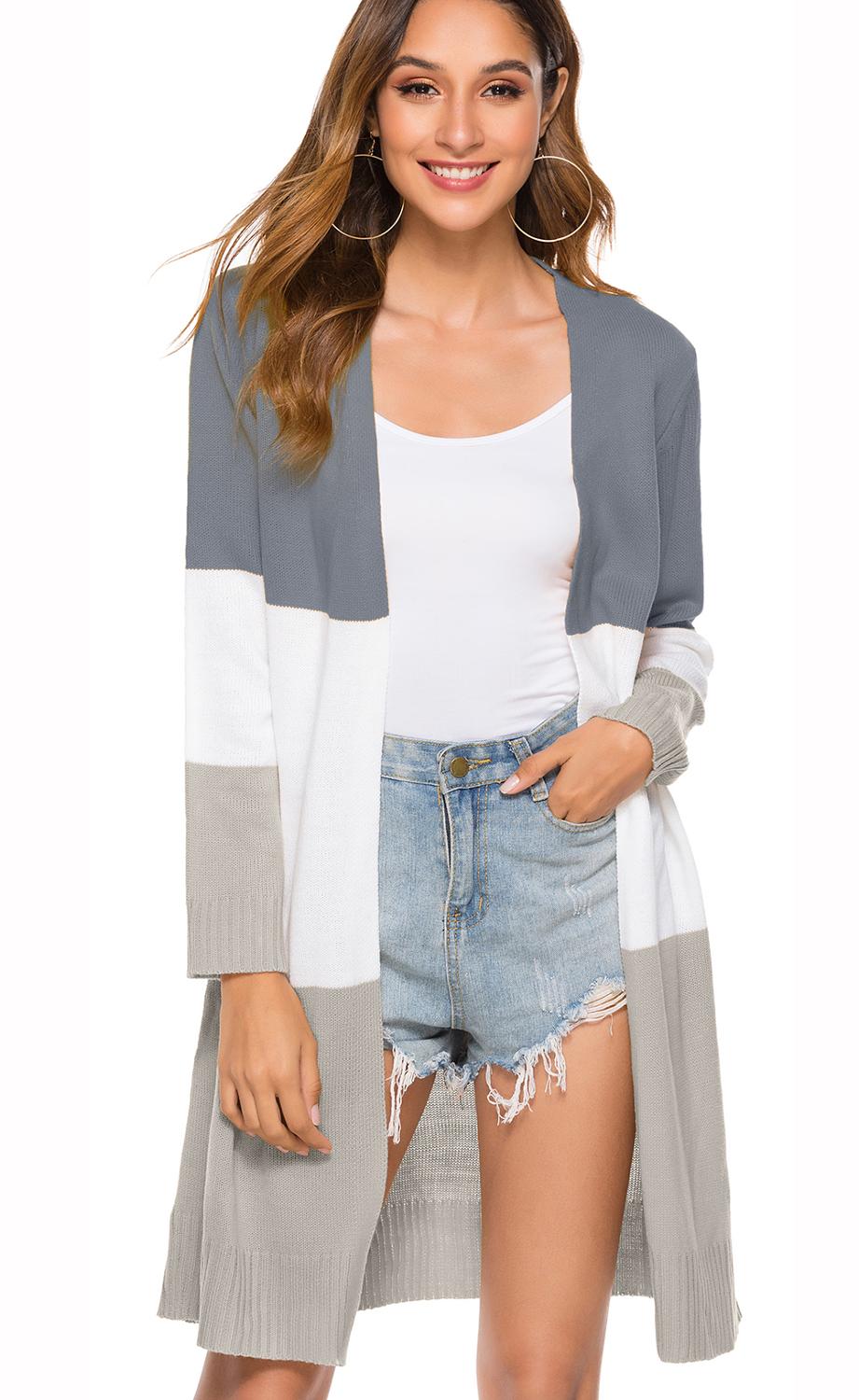 Womens Open Voorzijde Lange Trui Vesten Boho Lange Mouw Kleur Blok Gebreide Lichtgewicht Kimono Stofdoek Jassen