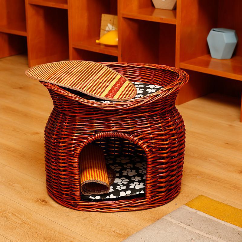 Nido de gato de verano de ratán, casa de gato universal para las cuatro estaciones, casa de campo, jaula de gato de doble capa, suministros de gatos extraíbles, nido de perro: 60x45x48cm  8
