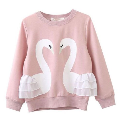Schattige zwaan kind kinderen baby meisjes katoenen lange mouwen kant t-shirt top blouse kleding eendelig warm: Roze / 5t