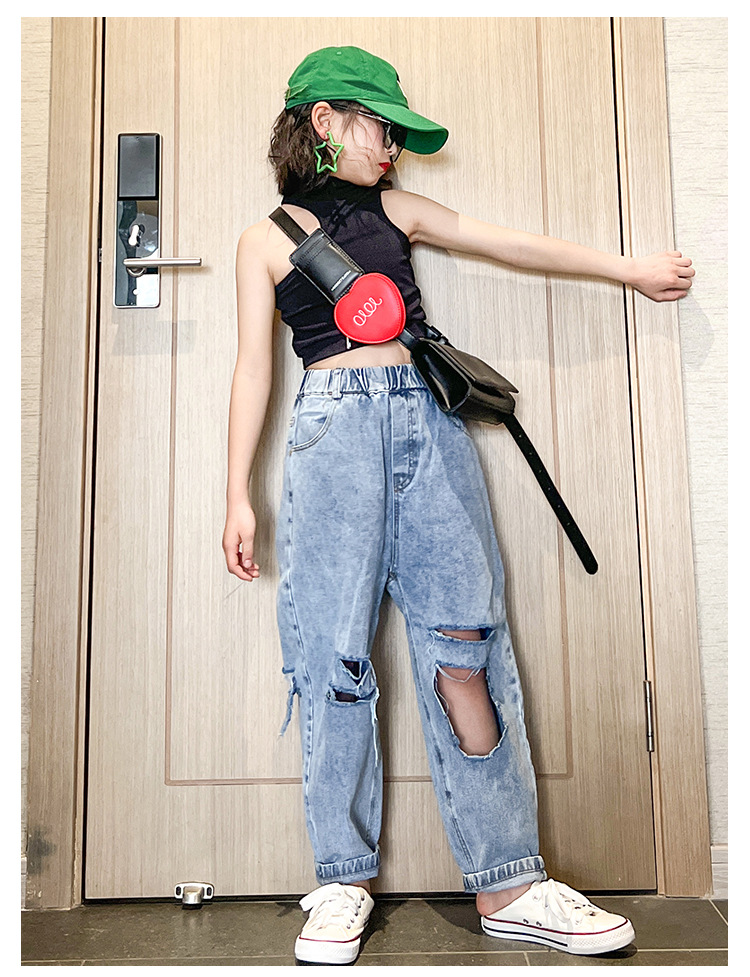 Pantalones vaqueros Con agujeros para bebés y niños, Jeans de cintura elástica para primavera y verano, 6-16 años, Wz650
