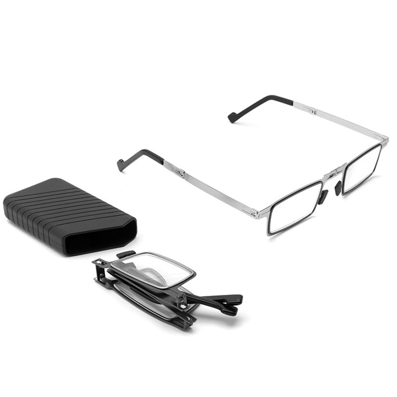 Modieuze Mini Folding Leesbril Voor Mannen Anti-Blauw Licht Verziend Glazen Opvouwbare Full Frame Metalen Zwart Met Case