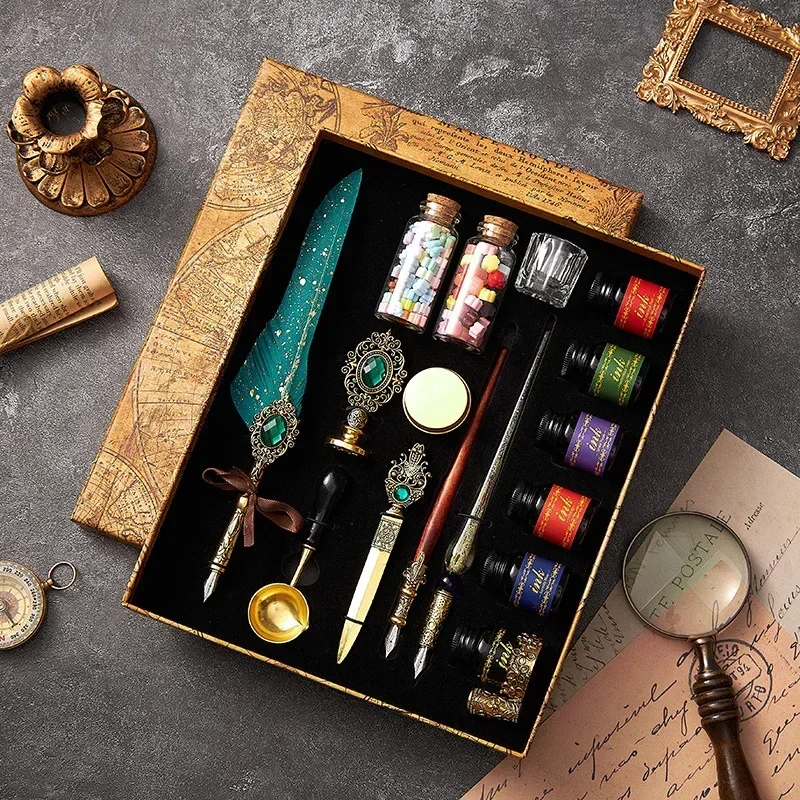 European Style Quill Pens Set with Ink Retro Dipping Quill Pen Lacquer Seal Student Dip Pencil Feather Pen: green