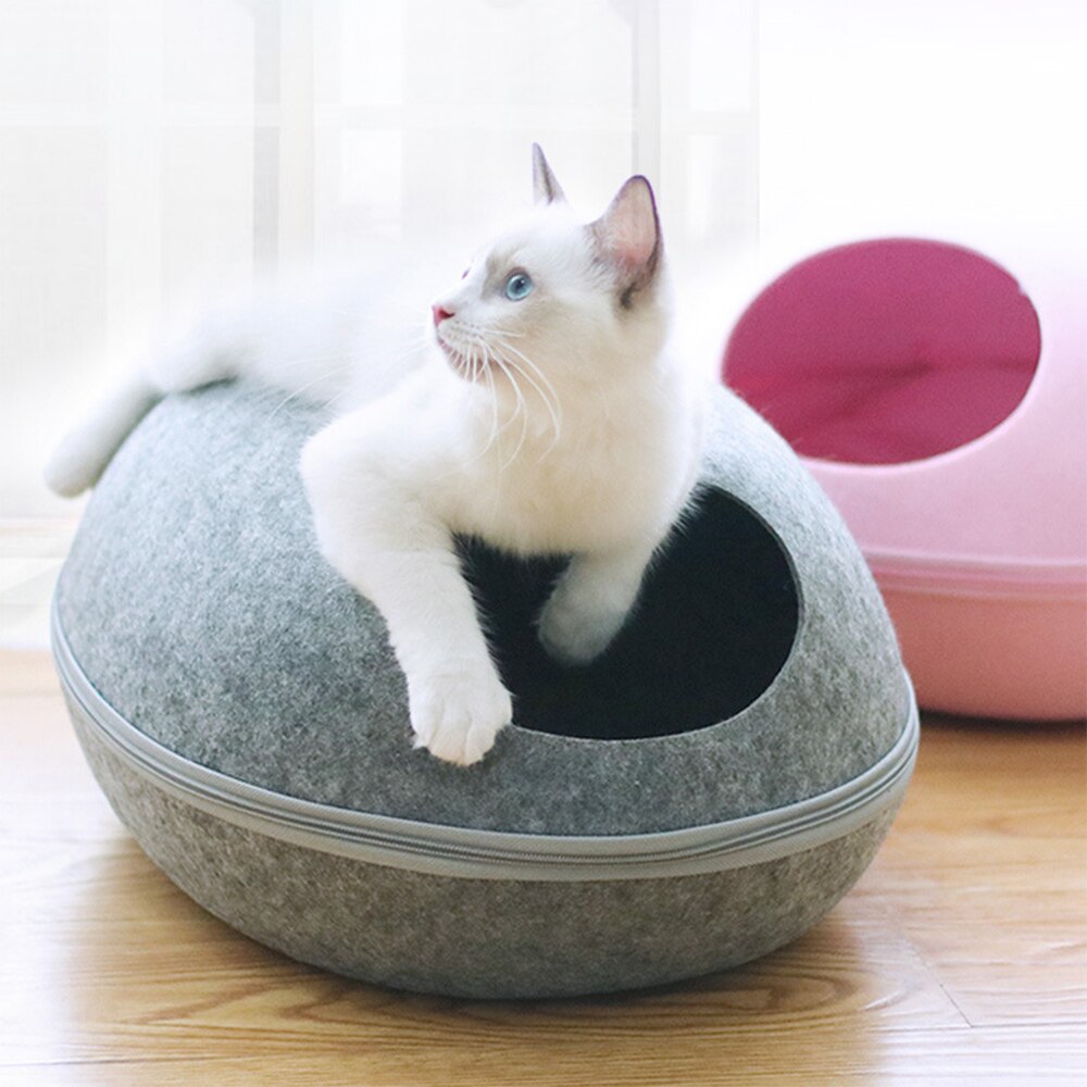 Cama desmontable de concha de huevo para gato, saco de dormir de fieltro Natural con cojín de nido, suave y transpirable esterilla, cueva semicerrada para mascotas