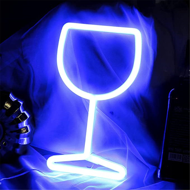Enseigne lumineuse LED en verre de vin, néon, bol à vin, lampe murale suspendue, veilleuse lumineuse, USB, Bar à piles, de décoration pour la saint-valentin: Blue