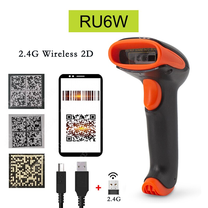 Draadloze 2d Barcode Scanner Barcode Scanner Draadloze Scanner 2D Handheld Bar Code Reader Qr Code Reader Pdf417 Scanner: RU6W Wireless