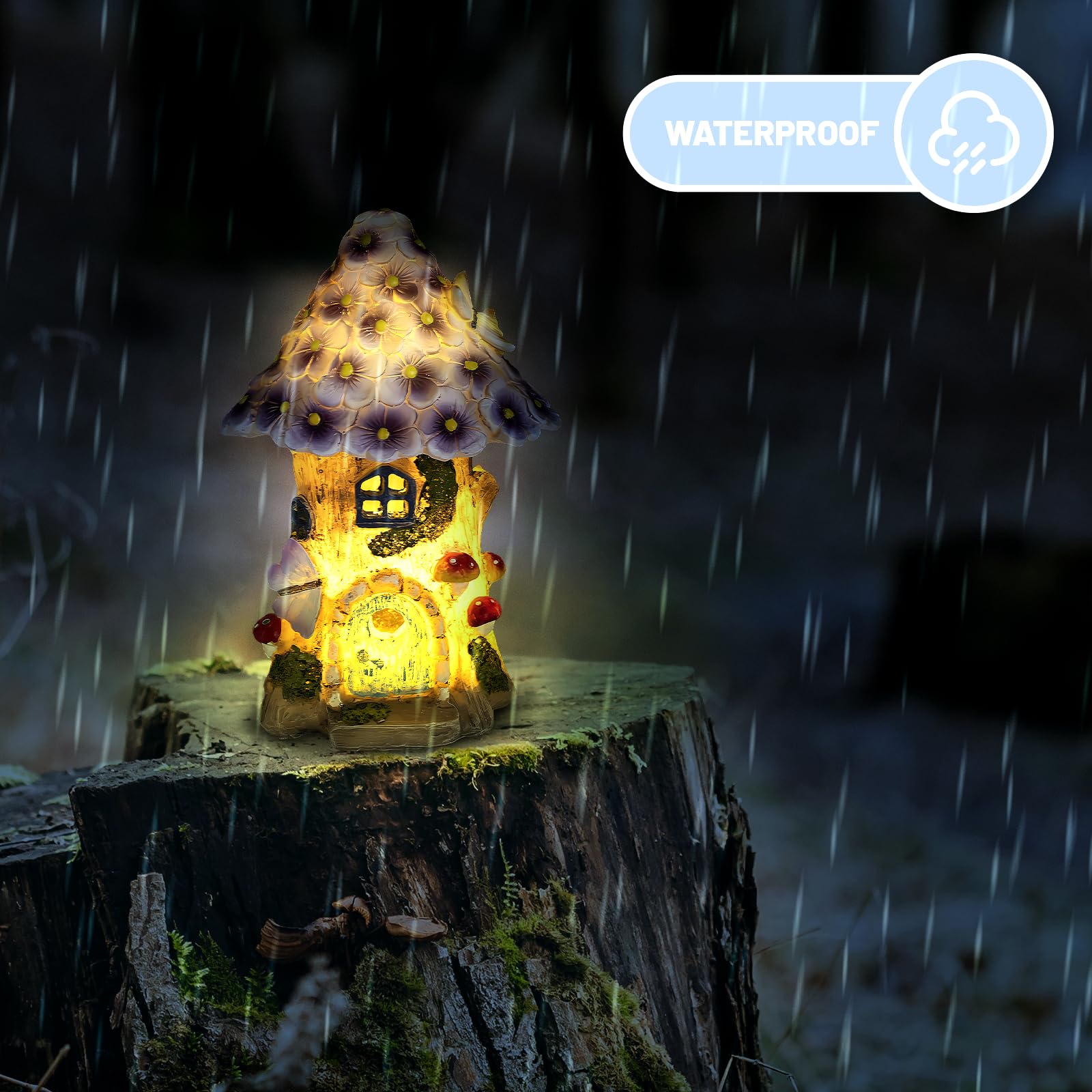 Estatua solar al aire libre de la casa del jardín de hadas, figuras de setas iluminadas, decoraciones de césped para patio, hadas para casa en miniatura