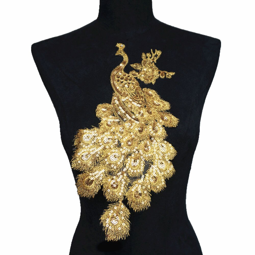 Regnbue blå grøn guld pailletter fjer påfugl peahen sy jern på patches broderede badges applikationer til kjole gør-det-selv dekoration: Guld (mindre størrelse)