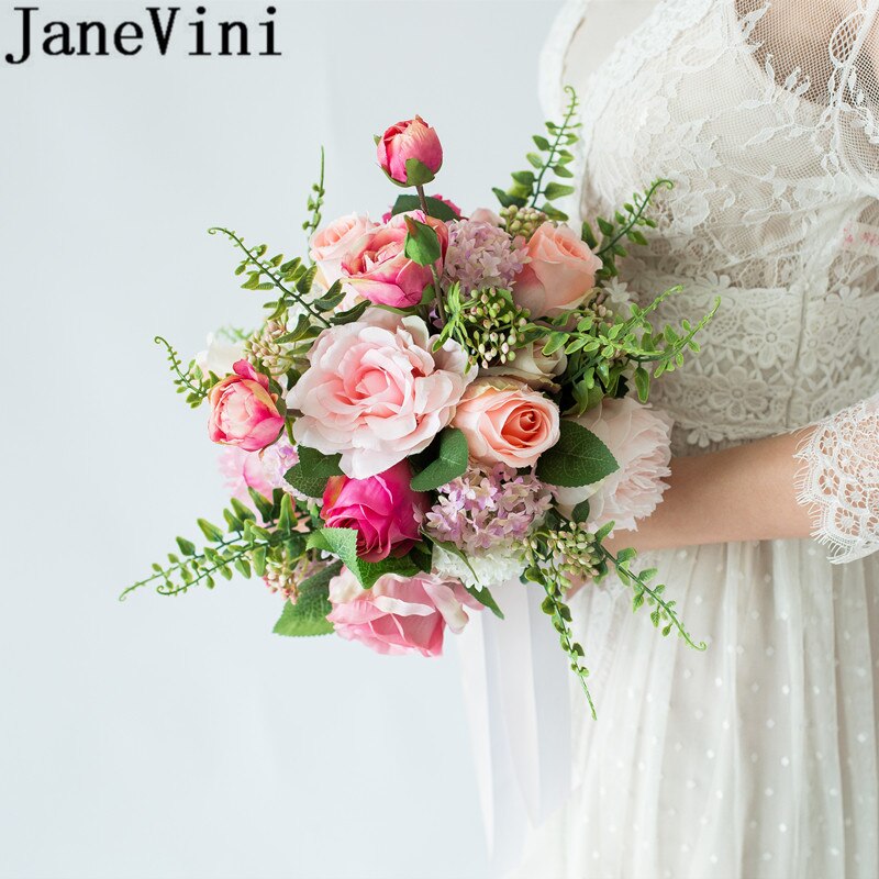 JaneVini Kunstmatige Roze Bloem Bruidsboeketten Zijde Bridal Bruid Boeket Novio Rose Pioen Bloem Boeket voor Bruidsmeisjes