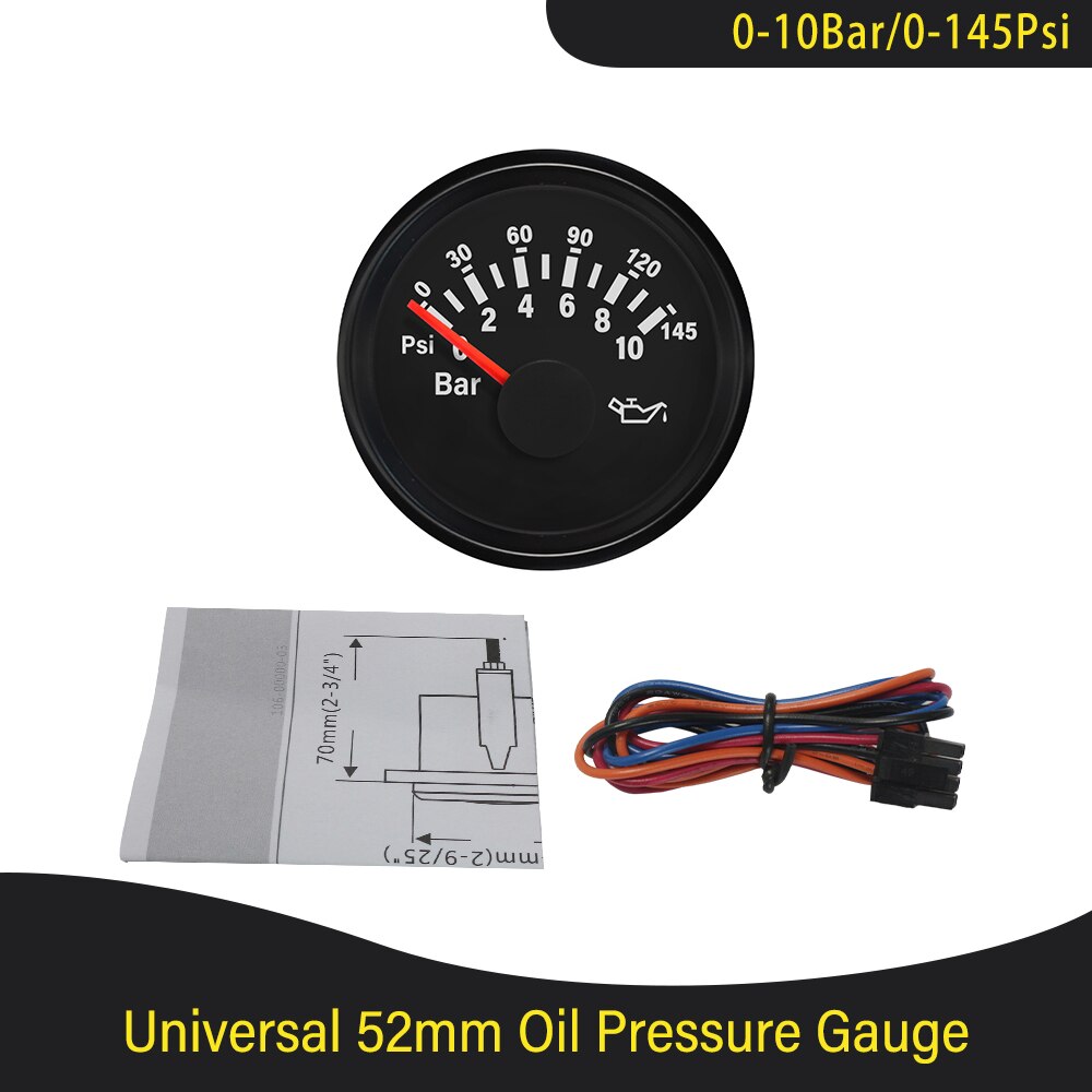 Universal vandtæt 52mm olietryksmåler 0-5 bar 0-75 psi /0-10 bar 0-145 psi med rød baggrundsbelysning 9-32v til bil lastbil båd: 0-10 bar mia