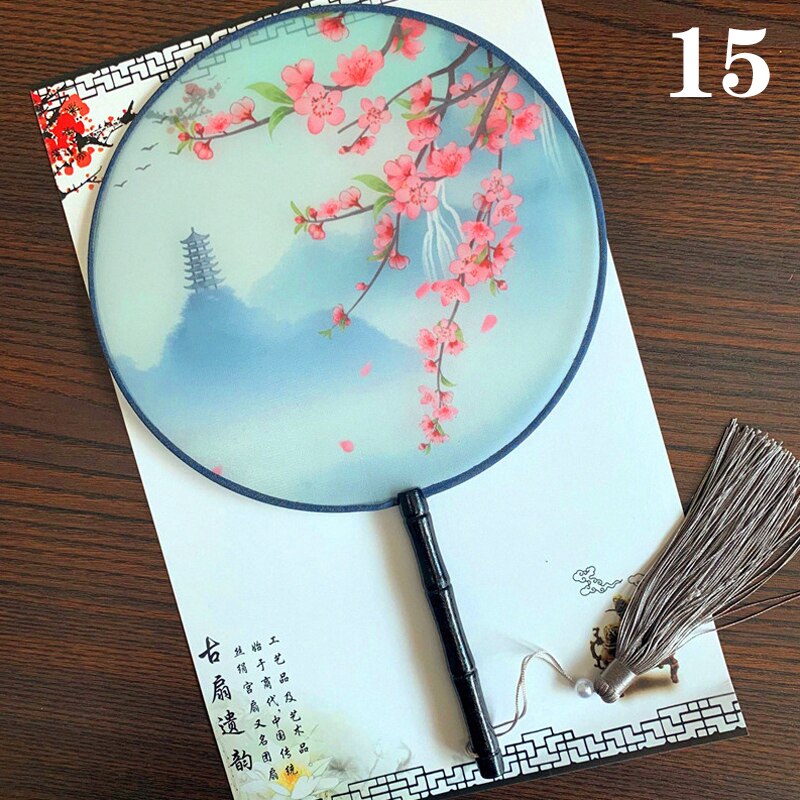 Hanfu Circular Fans Vintage Tassel Long Handle Ancient Chinese Style Court Dancing Round Fan Classical Printed Wedding Round Fan: 15
