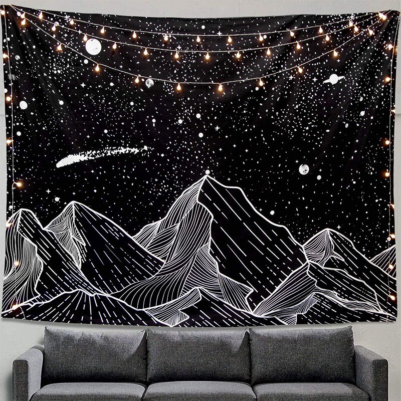 Tapiz de pared de montaña y Luna, tapiz negro y Arte Blanco de estrellas colgantes para decoración del hogar (negro, 60 pulgadas x 80 pulgadas)