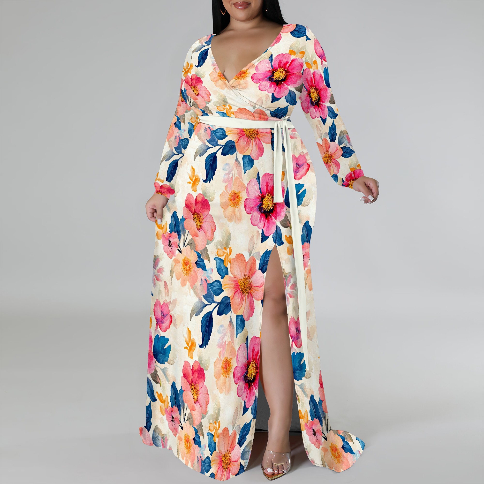Vestido floral colorido de manga comprida plus size para mulheres, vestido maxi elegante com fenda lateral
