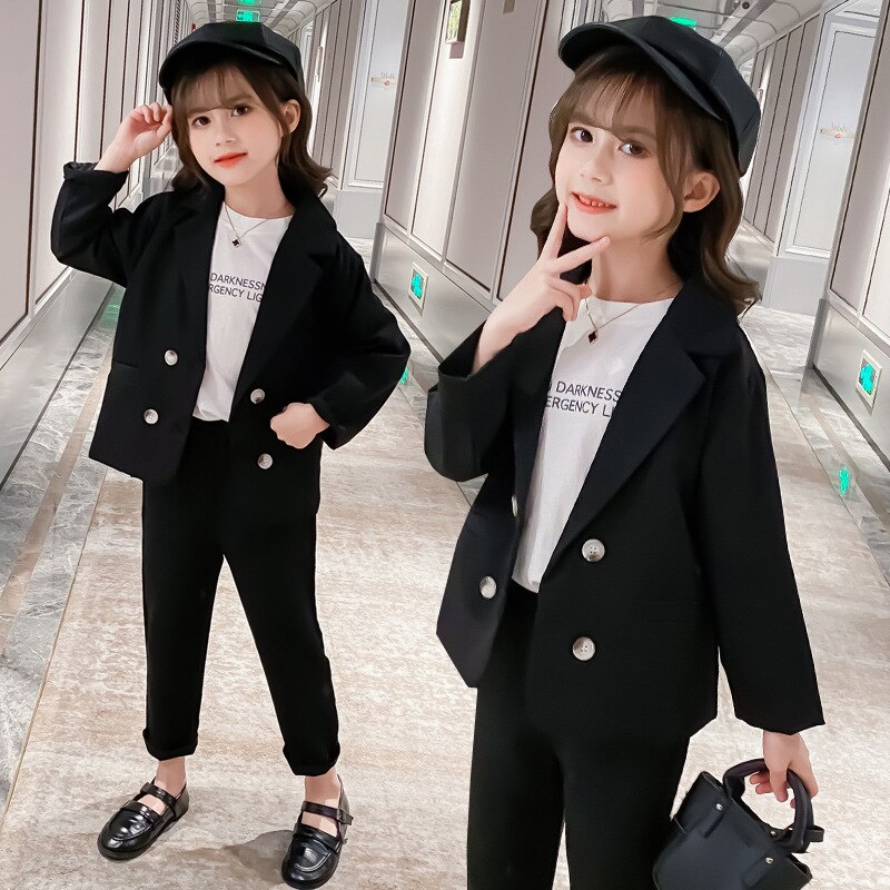 Herfst Koreaanse Meisjes Double Breasted Pak Set Kinderen Blazer Broek 2 Stuks Kleding Set Kids Party Show Kostuum