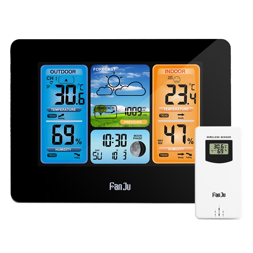 FJ3373 Wall Desk Alarm Clock Weather Station Digital Thermometer Hygrometer Wireless Sensor Forecast Temperature Watch: Black