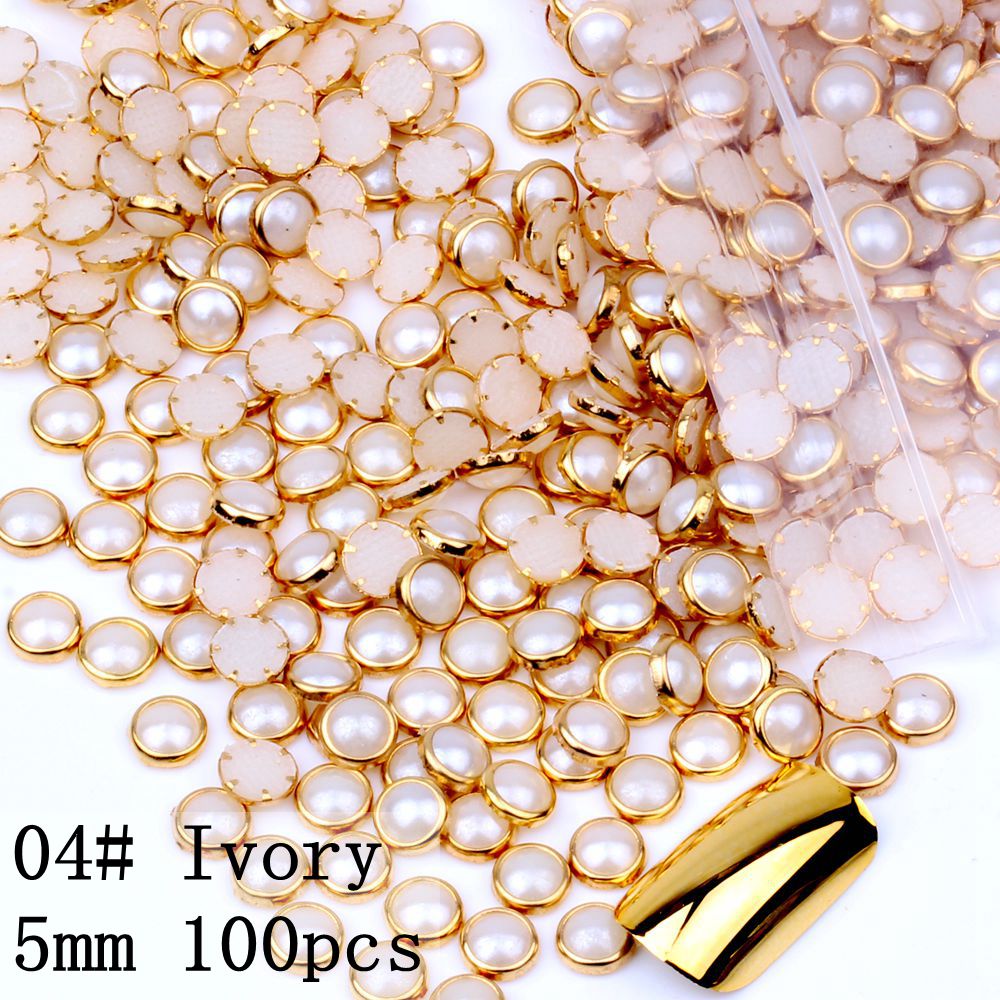 100 st 4mm 5mm 6mm många färger halvrunda pärlor metall strass diy nail art nagelpärlor skönhet glitter dekorationer: 04 elfenben 5mm 100 st