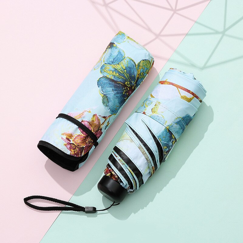 Sombrilla plegable ultraligera con Floral para mujer, paraguas plegable con cinco pliegues, protección solar, UV: Light blue