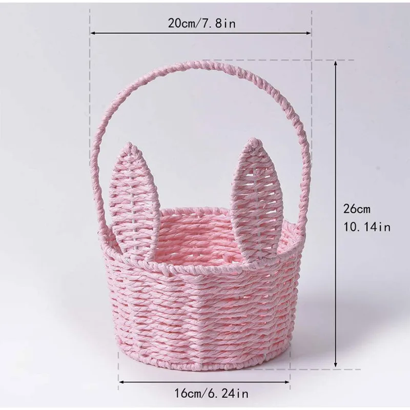 Cute Bunny Ears Woven Basket Paper Rope Braided Flower Basket Easter Decoration Home Picnic Fruit Hand-held Sundries Organizers