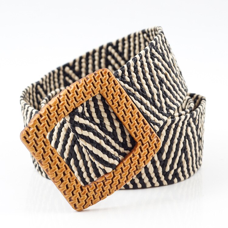 Female Knitted Wax Rope Wide Elastic Belt Women Vintage Square Big Pin Buckle PP Straw Handmade Black Waist Belt BL592