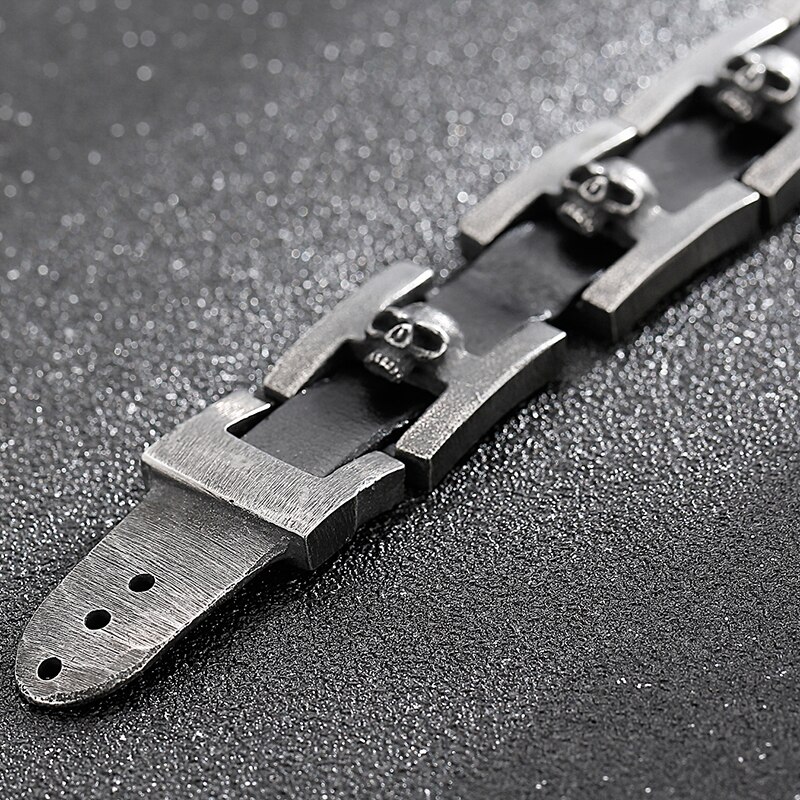 Bracelets en cuir pour hommes, tête de mort, boucle de ceinture, en acier inoxydable, grande taille 24/23CM