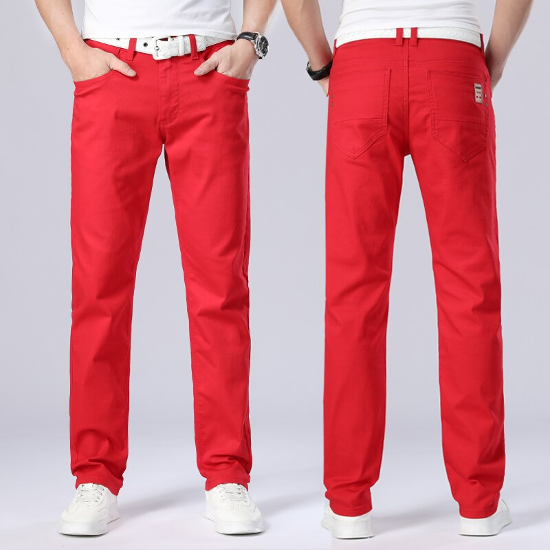 Pantalones rectos eans para Hombre, pantalones de chándal ajustados rojos de , pantalones de mezclilla de , pantalones de motorista informales para Hombre