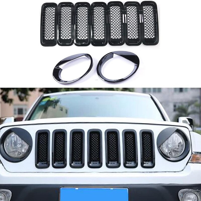 9Pcs Front Grille Grill Mesh Grille Insert Kit + Style Headlight Lamp Cover Trim for Jeep Patriot