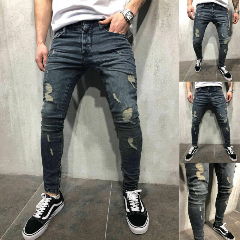 Full Side-Zip Destroyed Denim Pants